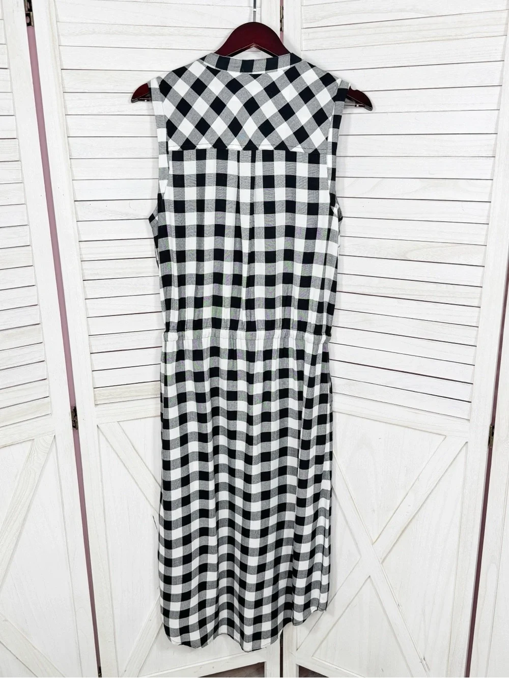 Banana‎ Republic Buffalo Check Sleeveless Cinch Waist Shirt Dress Black White 12